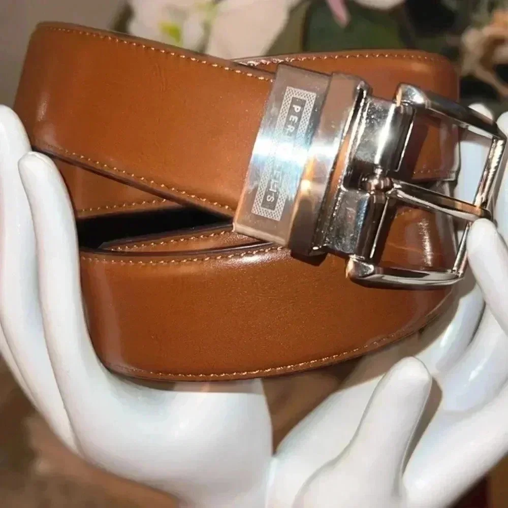 Perry Ellis Men’s Black Brown Reversible Belt Silver Tone Buckle Size 38 NWT
